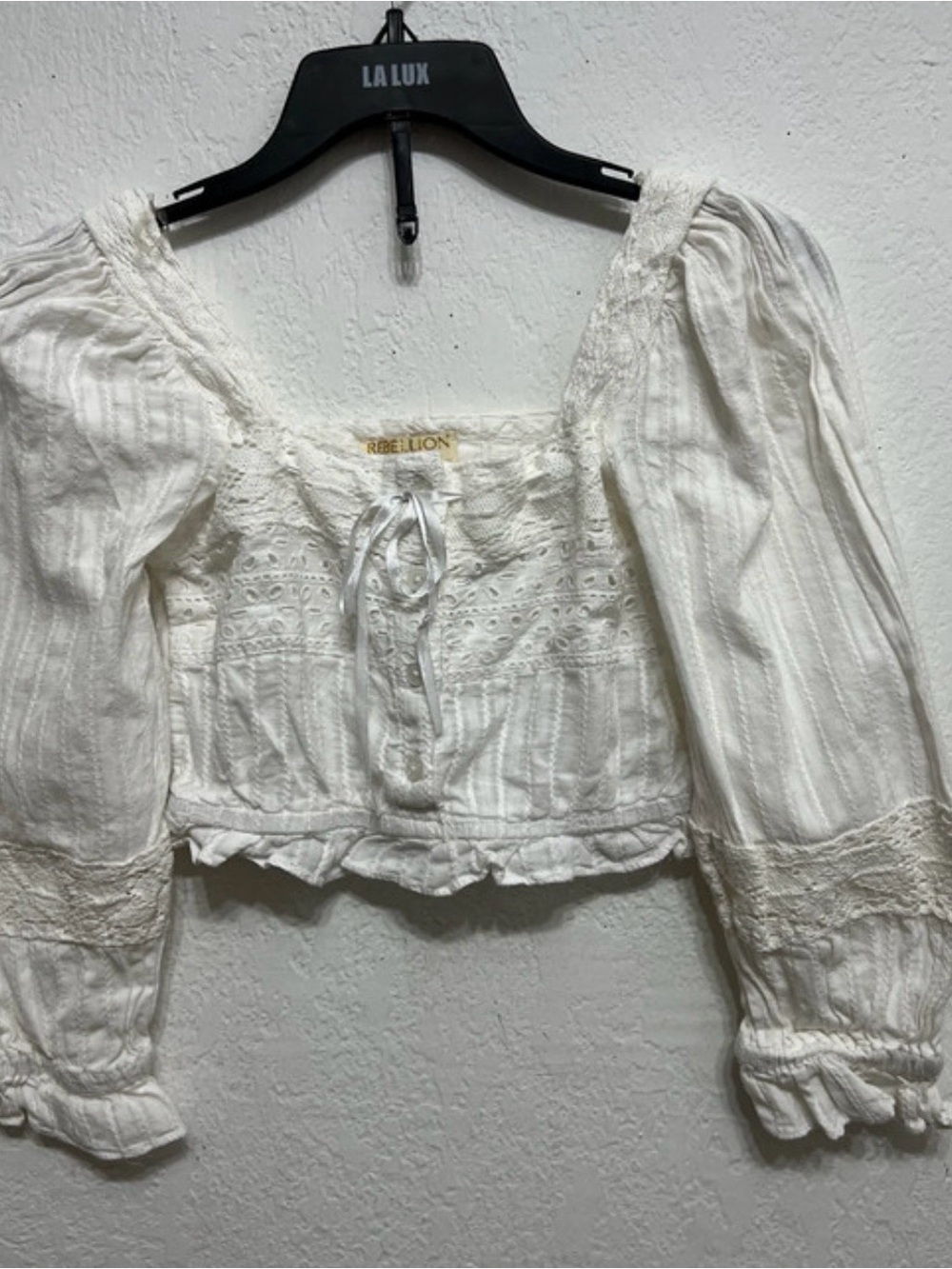 Rebellion Ivory Lace-Trim Square Neck Peasant Top